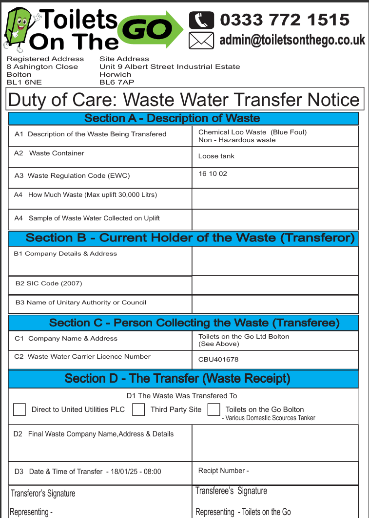 toilets on the go waste water transfer notice